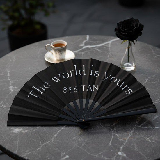 888 Hand Fan in black with white text