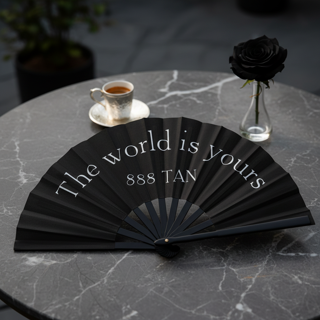 888 Hand Fan in black with white text